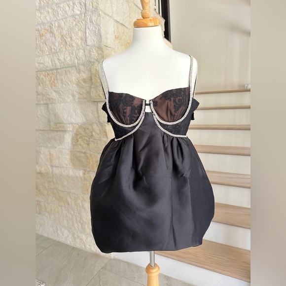 SELF PORTRAIT Black Taffetta Diamante Mini Dress - Picture 6 of 12